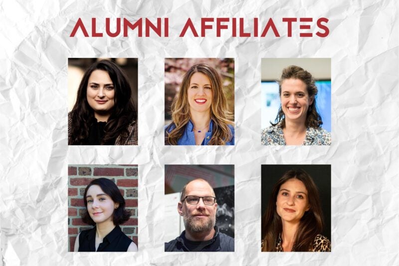 The image shows a crumpled paper background with the text "ALUMNI AFFILIATES" at the top in red, stylized font. Below the text, there are six photos of individuals arranged in two rows of three.