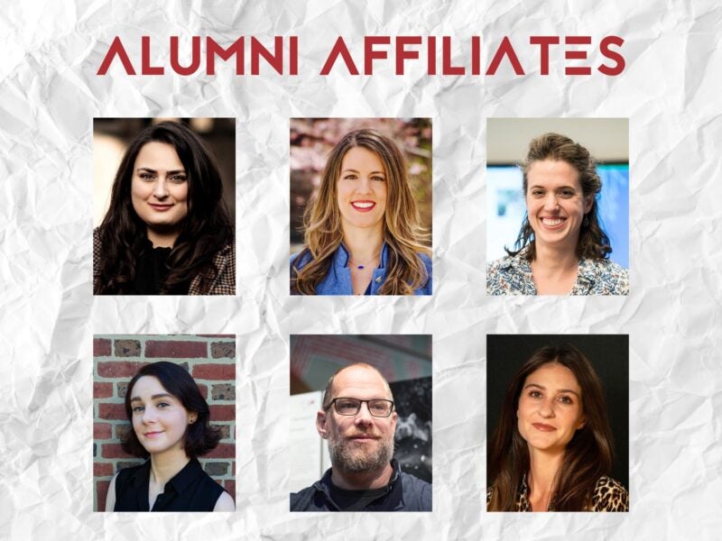 The image shows a crumpled paper background with the text "ALUMNI AFFILIATES" at the top in red, stylized font. Below the text, there are six photos of individuals arranged in two rows of three.
