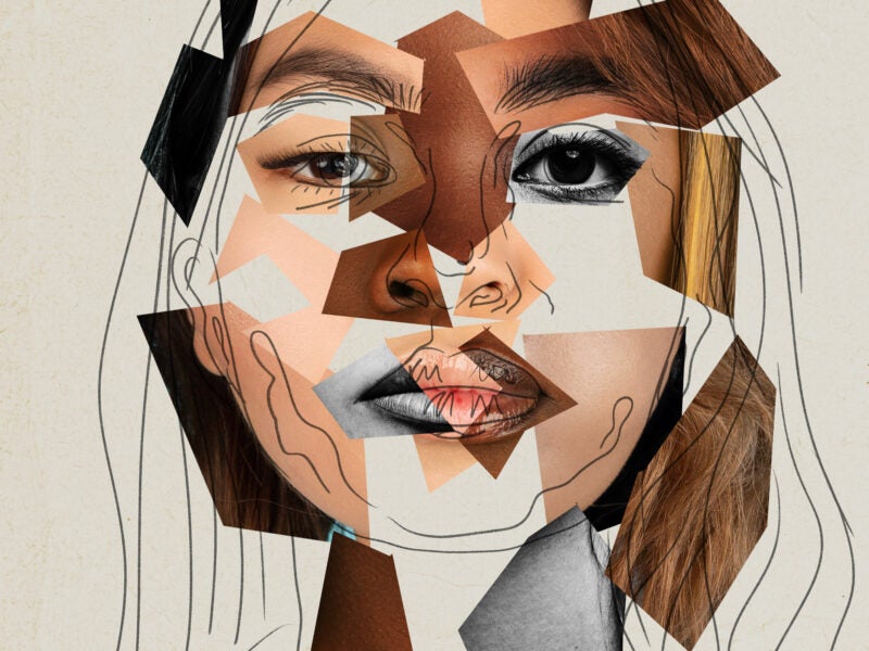 Contemporary art collage. Modern design. Female face made from different face parts of women with different skin and hair colors.