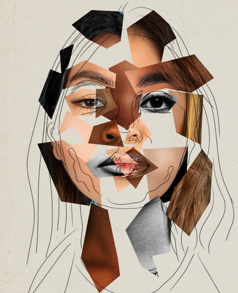 Contemporary art collage. Modern design. Female face made from different face parts of women with different skin and hair colors.