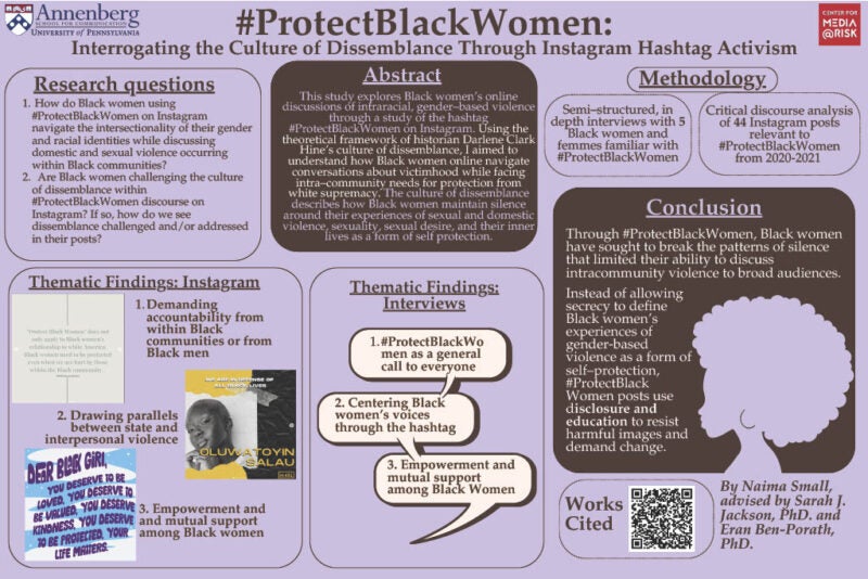 Poster Text Research Questions ● How do Black women using #ProtectBlackWomen on Instagram navigate the intersectionality of their gender and racial identities while discussing domestic and sexual violence occurring within Black communities? ● Are Black women challenging the culture of dissemblance within #ProtectBlackWomen discourse on Instagram? If so, how do we see dissemblance challenged and/or addressed in their posts? Abstract This study explores Black women’s online discussions of intraracial, gender–based violence through a study of the hashtag #ProtectBlackWomen on Instagram. Using the theoretical framework of historian Darlene Clark Hine’s culture of dissemblance, I aimed to understand how Black women online navigate conversations about victimhood while facing intra–community needs for protection from white supremacy. The culture of dissemblance describes how Black women maintain silence around their experiences of sexual and domestic violence, sexuality, sexual desire, and their inner lives as a form of self protection. Methodology ● Semi–structured, in depth interviews with 5 Black women and femmes familiar with #ProtectBlackWomen ● Critical discourse analysis of 44 Instagram posts relevant to #ProtectBlackWomen from 2020-2021 Thematic findings: Instagram 1. Demanding accountability from Black men/Black communities 2. Drawing parallels between state and interpersonal violence 3. Empowerment and mutual support among Black women Thematic findings: Interviews 1. #ProtectBlackWomen as a call to everyone 2. Centering Black women’s voices through the hashtag 3. Empowerment and mutual support among Black women Conclusion Through #ProtectBlackWomen, Black women have sought to break the patterns of silence that limited their ability to discuss intracommunity violence to broad audiences. Instead of allowing secrecy to define Black women’s experiences of gender-based violence as a form of self–protection, #ProtectBlackWomen posts use disclosure and education to resist harmful images and demand change.