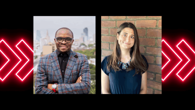 This image shows two individuals in a side-by-side format. Left: j. Siguru Wahutu, wearing glasses and a plaid blazer with red accents, standing outdoors with a blurred urban cityscape in the background. Right: Arwa Mahdawi wearing a navy top with a turquoise beaded neckline, standing indoors against a brick wall.