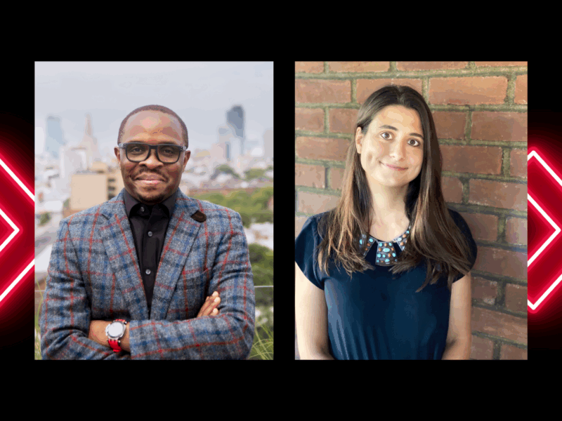This image shows two individuals in a side-by-side format. Left: j. Siguru Wahutu, wearing glasses and a plaid blazer with red accents, standing outdoors with a blurred urban cityscape in the background. Right: Arwa Mahdawi wearing a navy top with a turquoise beaded neckline, standing indoors against a brick wall.