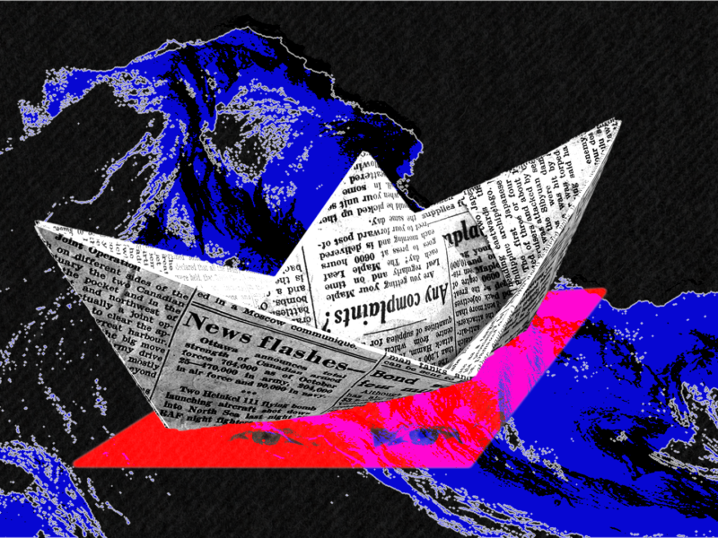 A stylized, high-contrast image of a paper boat made from newspaper floating on abstract, vivid blue waves against a black background, with a bold red shape beneath the boat suggesting motion or reflection.